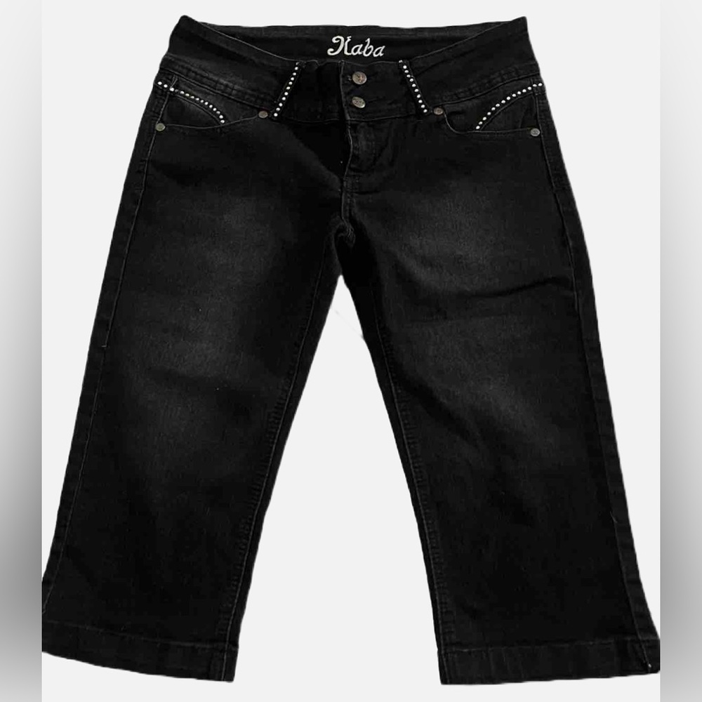 KABA JEANS Black Cropped Faded Denim + Rhinestones Stretchy Juniors 11  34x17